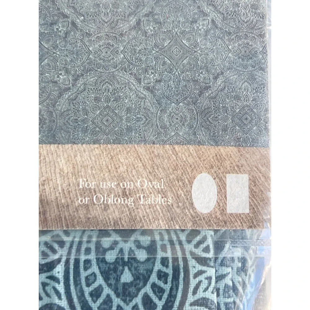 Bee & Willow Etched Chambray Laminated Tablecloth 60x120 Teal Blue Mandala Oval